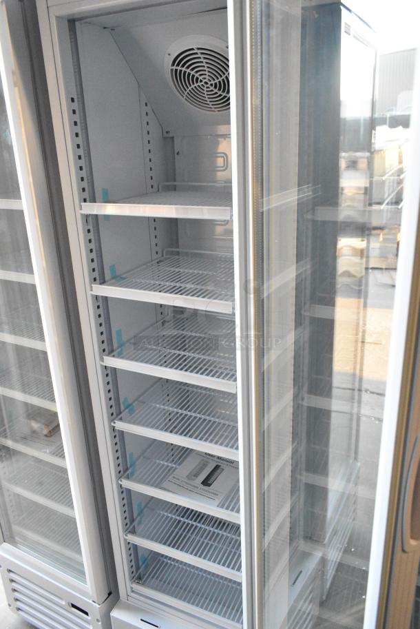 BRAND NEW SCRATCH AND DENT! Galaxy 177GDN5RBW Metal Commercial Single Door Reach In Cooler Merchandiser with Red, White, and Blue LED Lighting. 110-120 Volts, 1 Phase. Tested and Working! - Image 3 of 5