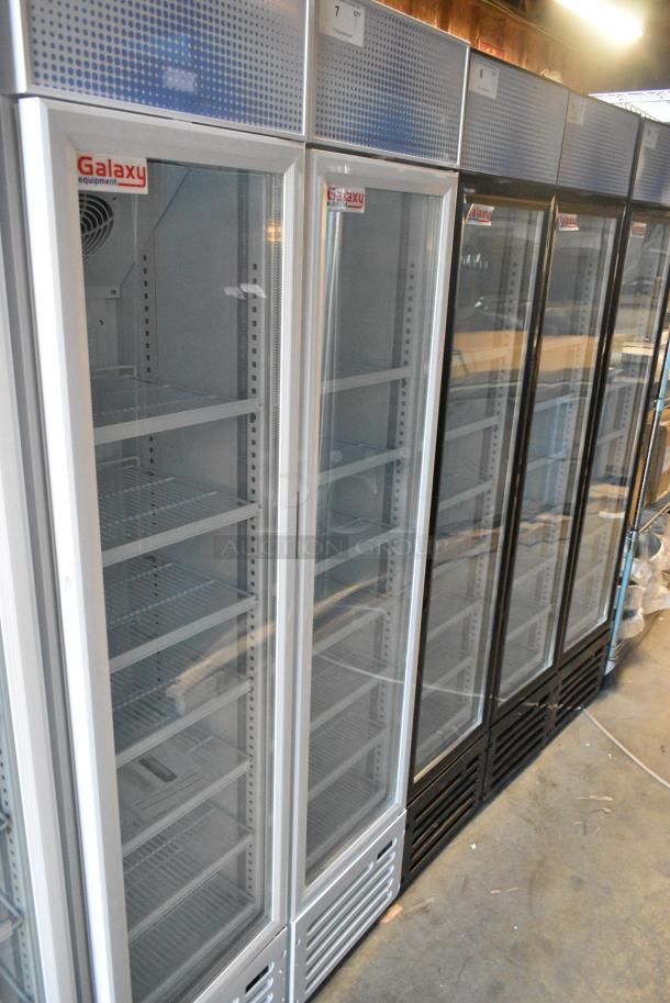 BRAND NEW SCRATCH AND DENT! Galaxy 177GDN5RBW Metal Commercial Single Door Reach In Cooler Merchandiser with Red, White, and Blue LED Lighting. 110-120 Volts, 1 Phase. Tested and Working! - Image 1 of 6