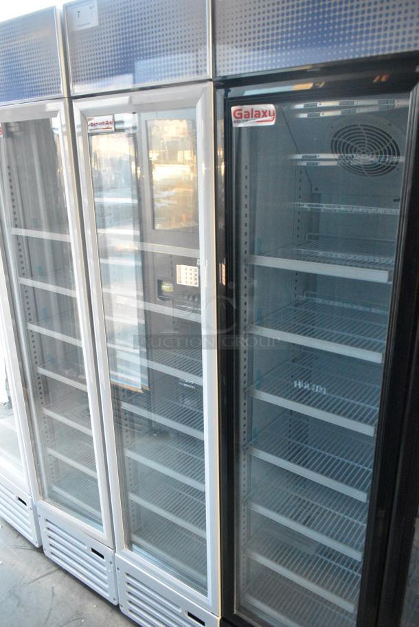 BRAND NEW SCRATCH AND DENT! Galaxy 177GDN5RBW Metal Commercial Single Door Reach In Cooler Merchandiser with Red, White, and Blue LED Lighting. 110-120 Volts, 1 Phase. Tested and Working! - Image 3 of 6