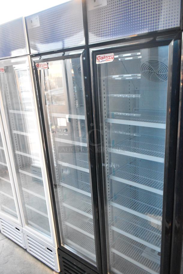 BRAND NEW SCRATCH AND DENT! Galaxy 177GDN5RBB Metal Commercial Single Door Reach In Cooler Merchandiser with Red, White, and Blue LED Lighting. 110-120 Volts, 1 Phase. Tested and Working! - Image 1 of 7
