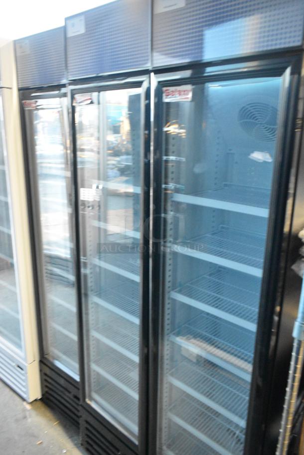 BRAND NEW SCRATCH AND DENT! Galaxy 177GDN5RBB Metal Commercial Single Door Reach In Cooler Merchandiser with Red, White, and Blue LED Lighting. 110-120 Volts, 1 Phase. Tested and Working! - Image 1 of 5