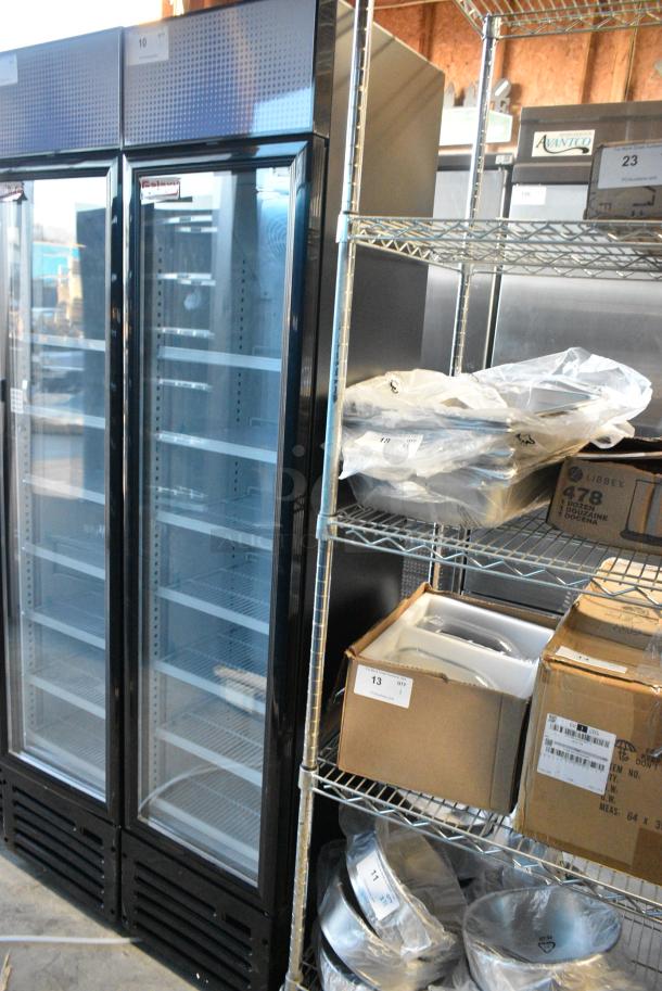 BRAND NEW SCRATCH AND DENT! Galaxy 177GDN5RBB Metal Commercial Single Door Reach In Cooler Merchandiser with Red, White, and Blue LED Lighting. 110-120 Volts, 1 Phase. Tested and Working! - Image 1 of 5