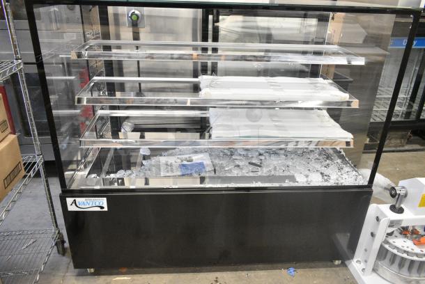BRAND NEW SCRATCH AND DENT! 2024 Avantco 224BCD60SB 60" Black Square Dry Bakery Display Case Merchandiser on Commercial Casters.  See Pictures for Broken Glass. 115 Volts, 1 Phase. Tested and Powers On But Does Not Get Cold - Image 1 of 8