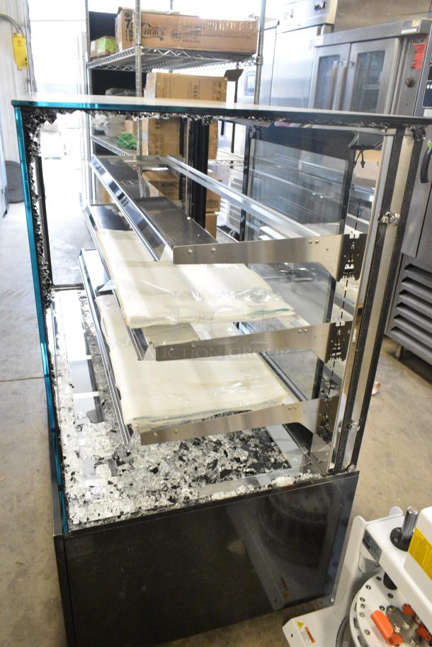 BRAND NEW SCRATCH AND DENT! 2024 Avantco 224BCD60SB 60" Black Square Dry Bakery Display Case Merchandiser on Commercial Casters.  See Pictures for Broken Glass. 115 Volts, 1 Phase. Tested and Powers On But Does Not Get Cold - Image 4 of 8