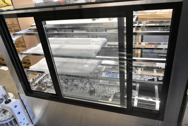 BRAND NEW SCRATCH AND DENT! 2024 Avantco 224BCD60SB 60" Black Square Dry Bakery Display Case Merchandiser on Commercial Casters.  See Pictures for Broken Glass. 115 Volts, 1 Phase. Tested and Powers On But Does Not Get Cold - Image 7 of 8