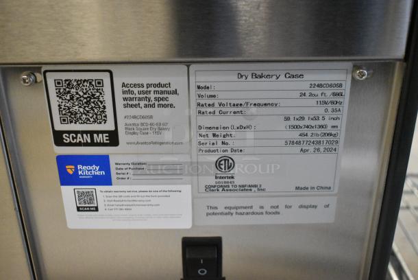 BRAND NEW SCRATCH AND DENT! 2024 Avantco 224BCD60SB 60" Black Square Dry Bakery Display Case Merchandiser on Commercial Casters.  See Pictures for Broken Glass. 115 Volts, 1 Phase. Tested and Powers On But Does Not Get Cold - Image 8 of 8