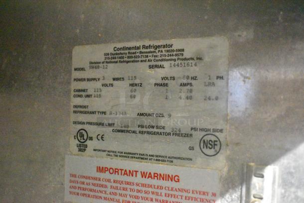Continental SW48-12 Stainless Steel Commercial Sandwich Salad Prep Table Bain Marie Mega Top on Commercial Casters. 115 Volts, 1 Phase. Tested and Powers On But Does Not Get Cold - Image 9 of 9