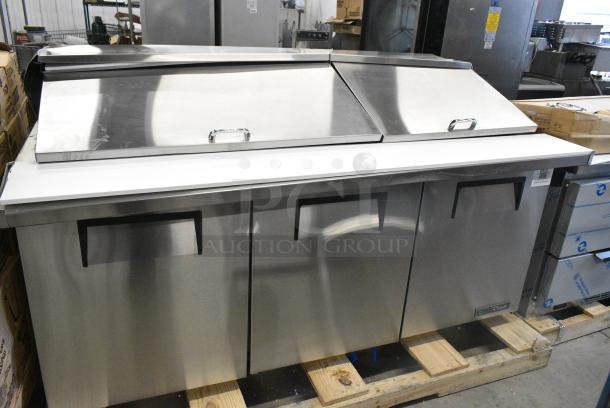 BRAND NEW SCRATCH AND DENT! 2024 True TSSU-72-30M-B-ST-HC Stainless Steel Commercial 3 Door Mega Top Refrigerated Sandwich Prep Table. 115 Volts, 1 Phase. Tested and Working! - Image 1 of 13