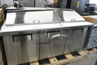 BRAND NEW SCRATCH AND DENT! 2024 True TSSU-72-30M-B-ST-HC Stainless Steel Commercial 3 Door Mega Top Refrigerated Sandwich Prep Table. 115 Volts, 1 Phase. Tested and Working!