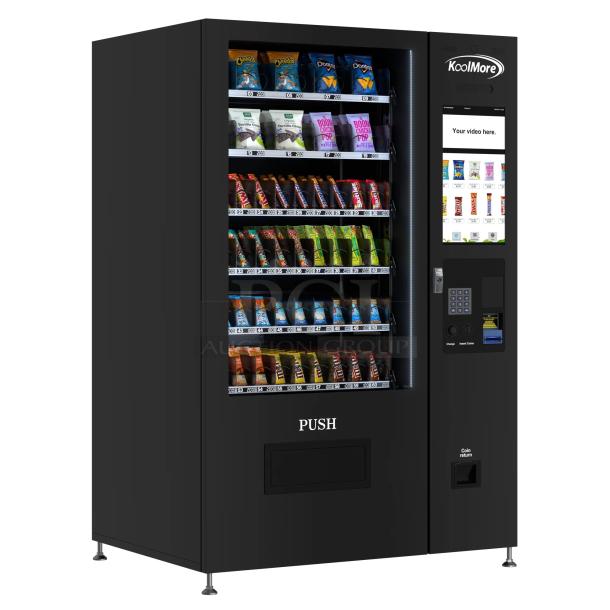 BRAND NEW SCRATCH AND DENT! KoolMore KM-VMNT-50-B Non-Refrigerated Snack Vending Machine with 60 Slots and 22 Inch Touch Screen in Black. 110 Volts, 1 Phase. Tested and Working! - Image 1 of 7