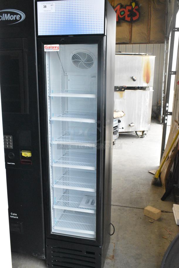 BRAND NEW SCRATCH AND DENT! Galaxy 177GDN5RBB Metal Commercial Single Door Reach In Cooler Merchandiser with Red, White, and Blue LED Lighting. 110-120 Volts, 1 Phase. Tested and Working! - Image 1 of 5