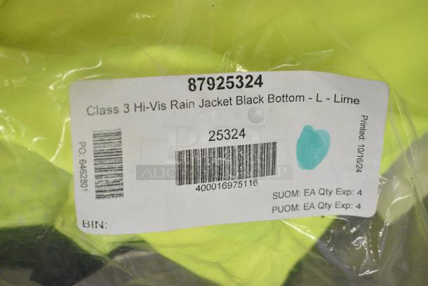BRAND NEW SCRATCH AND DENT! Box of 4 Ergodyne GloWear 8365BK Type R Class 3 Hi-Vis Lime Rain Jacket with Black Front Panel 25324 - Large - Image 5 of 5