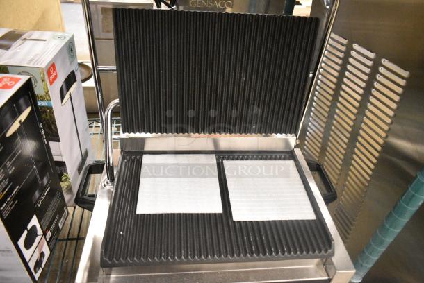 BRAND NEW SCRATCH AND DENT! 2022 Global Solutions by Nemco GS1621 Panini / Sandwich Grill with Grooved Plates - 13" x 8 1/2" Cooking Surface. 120 Volts, 1 Phase. Tested and Working! - Image 6 of 8