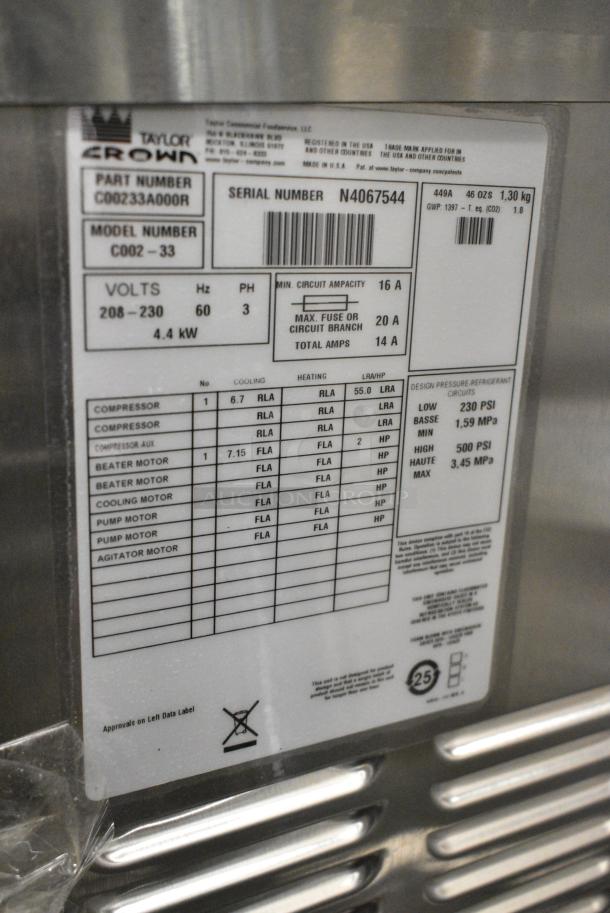 BRAND NEW SCRATCH AND DENT! 2024 Taylor C002-33 Stainless Steel Commercial Floor Style Air Cooled Continuous Dispensing Batch Freezer. 208-230 Volts, 3 Phase. - Image 7 of 7