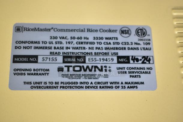 BRAND NEW SCRATCH AND DENT! Town RiceMaster 57155 110 Cup (55 Cup Raw) Electronic Rice Cooker / Warmer. 230 Volts, 1 Phase. - Image 7 of 7