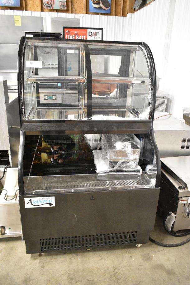 BRAND NEW SCRATCH AND DENT! 2024 Avantco 224BCAC36 36" Black Curved Dual Service Refrigerated Air Curtain Merchandiser on Commercial Casters. 115 Volts, 1 Phase. Tested and Working! - Image 1 of 10