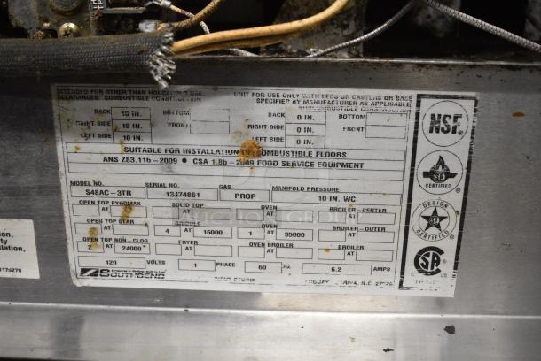 Southbend S48AC-3TR Stainless Steel Commercial Propane Gas Powered Flat Top Griddle w/ 2 Burner Range, Oven and Back Splash on Commercial Casters. - Image 10 of 10