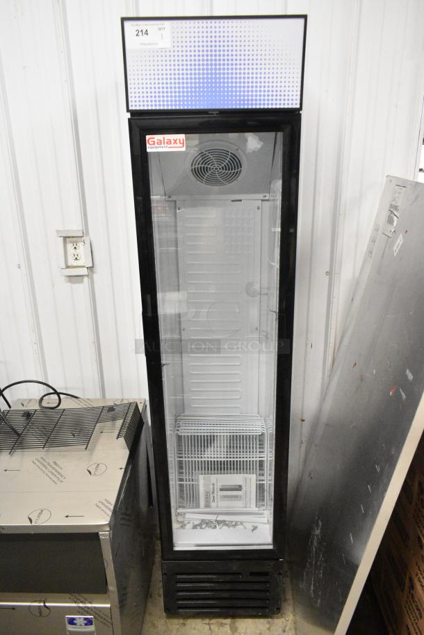 BRAND NEW SCRATCH AND DENT! Galaxy 177GDN5RBB Metal Commercial Single Door Reach In Cooler Merchandiser with Red, White, and Blue LED Lighting. 110-120 Volts, 1 Phase. Tested and Working! - Image 1 of 6