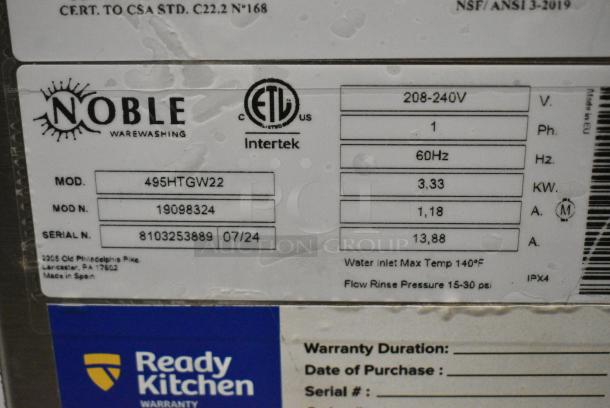 BRAND NEW SCRATCH AND DENT! 2024 Noble 495HTGW22 HTGW Stainless Steel Commercial Hi Temp High-Temperature Underbar Glass Washer. 208-240 Volts, 1 Phase. - Image 5 of 6
