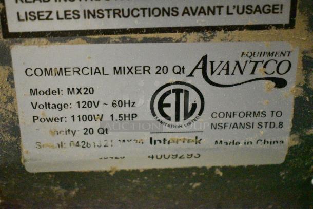 Avantco MX20 Metal Commercial Countertop 20 Quart Planetary Dough Mixer w/ Stainless Steel Mixing Bowl, Bowl Guard, Whisk, Paddle and Dough Hook Attachments. 120 Volts, 1 Phase. Tested and Working! - Image 4 of 5