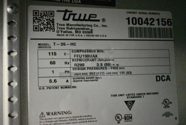 2020 True T-35-HC Stainless Steel Commercial 2 Door Reach In Cooler w/ Poly Coated Racks. 115 Volts, 1 Phase. Tested and Powers On But Does Not Get Cold - Image 5 of 6