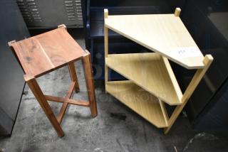 2 Wooden Items Including Shelving Unit and End Table. 2 Times Your Bid!