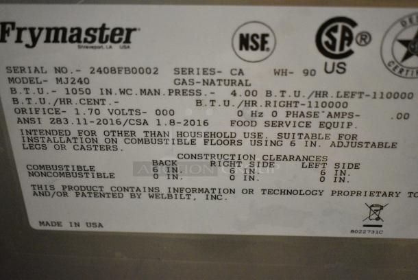 BRAND NEW SCRATCH AND DENT! 2024 Frymaster MJ240 Stainless Steel Commercial Floor Style Natural Gas Powered 2 Bay Deep Fat Fryer w/ 4 Metal Fry Baskets. 110,000 BTU. - Image 6 of 6