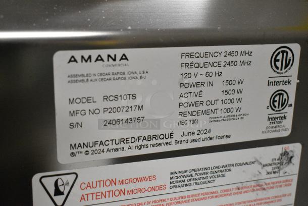 BRAND NEW SCRATCH AND DENT! 2024 Amana RCS10TS Stainless Steel Commercial Countertop Microwave Oven. 120 Volts, 1 Phase. - Image 5 of 6