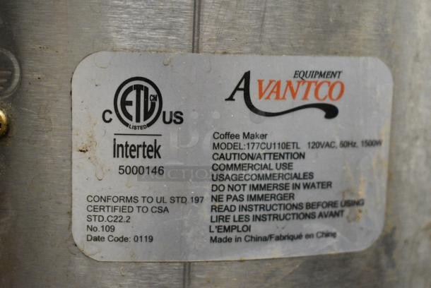 Avantco 177CU110ETL Stainless Steel Countertop Percolating Urn. No Lid. 120 Volts, 1 Phase. - Image 5 of 6