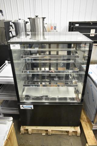 2024 Avantco 224BC36SB Metal Commercial Floor Style 36" Black Square Refrigerated Bakery Display Case with LED Lighting. See Pictures for Broken Glass. 115 Volts, 1 Phase. Tested and Working!