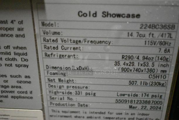 2024 Avantco 224BC36SB Metal Commercial Floor Style 36" Black Square Refrigerated Bakery Display Case with LED Lighting. See Pictures for Broken Glass. 115 Volts, 1 Phase. Tested and Working! - Image 5 of 6