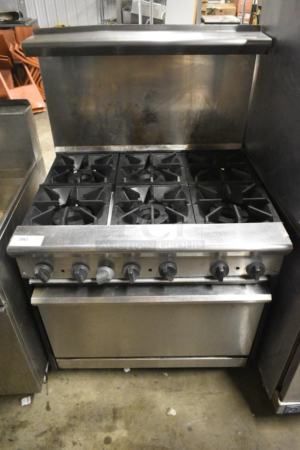 Tristar TSR-6-E Stainless Steel Commercial Natural Gas Powered 6 Burner Range w/ Oven, Over Shelf and Back Splash. - Image 1 of 7