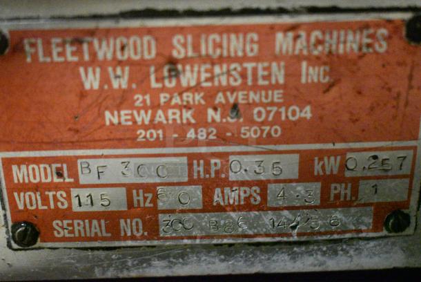 Fleetwood BF300 Stainless Steel Commercial Countertop Meat Slicer w/ Blade Sharpener. 115 Volts, 1 Phase. Tested and Powers On But Parts Do Not Move - Image 5 of 6