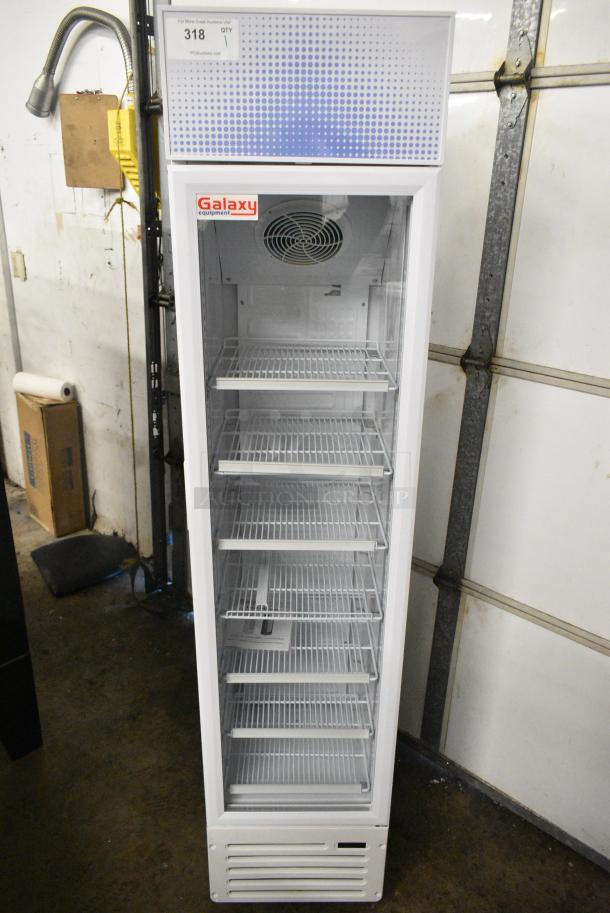 BRAND NEW SCRATCH AND DENT! Galaxy 177GDN5RBW Metal Commercial Single Door Reach In Cooler Merchandiser with Red, White, and Blue LED Lighting. 110-120 Volts, 1 Phase. Tested and Working! - Image 1 of 5