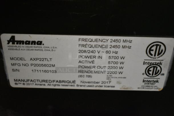 2017 Amana AXP22TLT Stainless Steel Commercial Countertop Electric Powered Rapid Cook Oven. 208/240 Volts, 1 Phase. - Image 5 of 6