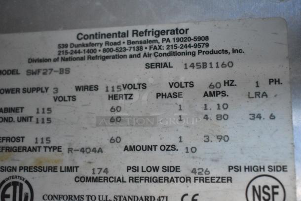 Continental SWF27-BS Stainless Steel Commercial Work Top Single Door Freezer. 115 Volts, 1 Phase. Tested and Working! - Image 7 of 8