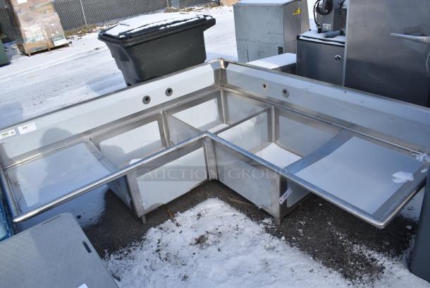 BRAND NEW SCRATCH AND DENT! Regency 600S3242424C Stainless Steel L Shaped 3 Bay Sink w/ Dual Drain Boards. No Legs. - Image 1 of 5