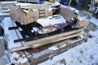 10 BRAND NEW SCRATCH AND DENT! Items Including 109CARTBLGBK Choice Black Utility / Bussing Cart with Three Shelves - 42" x 20", 600UT3072S Regency Adjustable Stainless Steel Work Table Undershelf for 30" x 72" Tables, 600T2424G Regency 24" x 24" 18-Gauge 304 Stainless Steel Commercial Work Table with Galvanized Legs and Undershelf, 427CSTL2727C Lancaster Table & Seating 27 1/2" x 27 1/2" Chrome Square Outdoor Standard Height Table. 10 Times Your Bid!