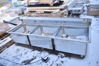 BRAND NEW SCRATCH AND DENT! Regency 600S32323 78" 16-Gauge Stainless Steel Three Compartment Commercial Sink with Stainless Steel Legs, Cross Bracing, and without Drainboards - 23" x 23" x 12" Bowls