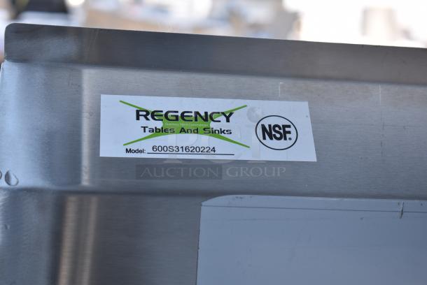 BRAND NEW SCRATCH AND DENT! Regency 600S31620224 100" 16 Gauge Stainless Steel Three Compartment Commercial Sink with Galvanized Steel Legs and 2 Drainboards - 16" x 20" x 12" Bowls. No Legs. - Image 4 of 4