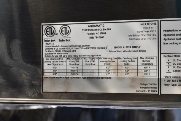 BRAND NEW SCRATCH AND DENT! 11.5' Aquamatic 6024 AMND-2 Stainless Steel Commercial Return Air Grease Hood w/ Filters. - Image 7 of 9