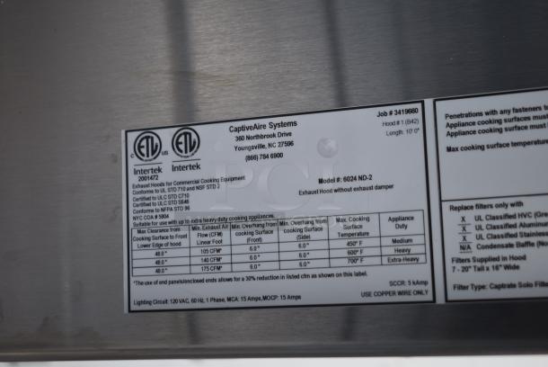 BRAND NEW SCRATCH AND DENT! 11' CaptiveAire 6024 ND-2 Stainless Steel Commercial Grease Hood w/ LED Lights and Return Air Vent - Image 5 of 6