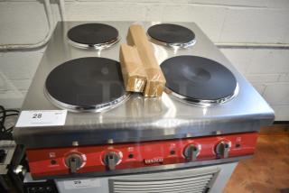 BRAND NEW SCRATCH AND DENT! Avantco 177CER400 Stainless Steel 4-Burner Solid French-Style Countertop Electric Range. 208/240 Volts, 1 Phase.