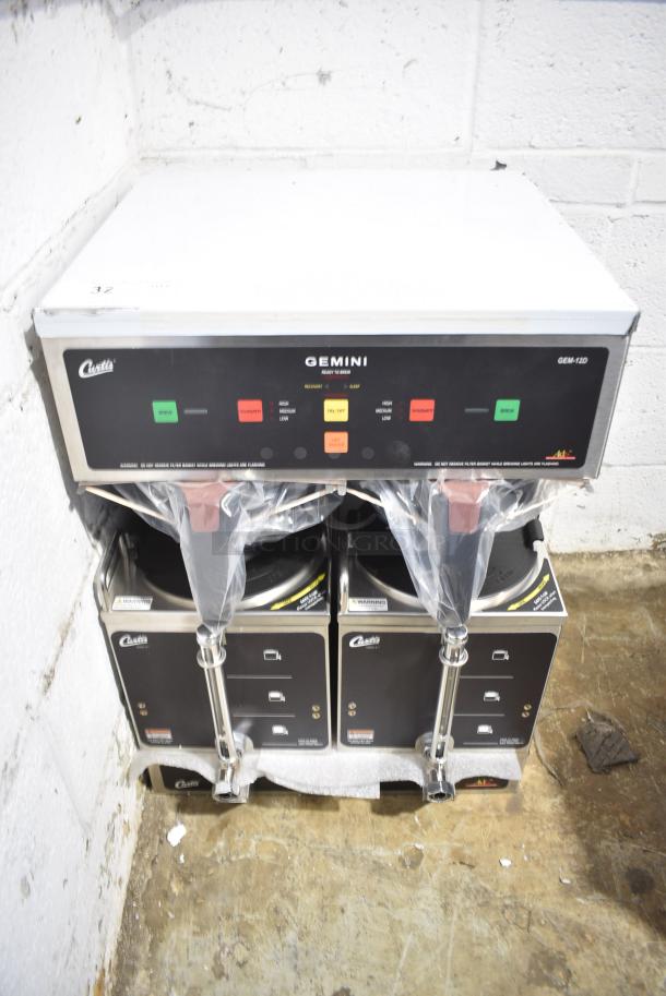 BRAND NEW SCRATCH AND DENT! Curtis GEM-12D-10 Stainless Steel  Gemini Stainless Steel Twin Digital Satellite Coffee Brewer With Servers. 220 Volts, 1 Phase. - Image 1 of 4