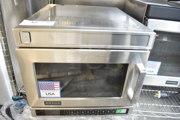 BRAND NEW SCRATCH AND DENT! 2023 Amana HDC18Y2 Heavy-Duty Stainless Steel Compact Commercial Microwave with Push Button Controls. 208/240 Volts, 1 Phase. - Image 1 of 7