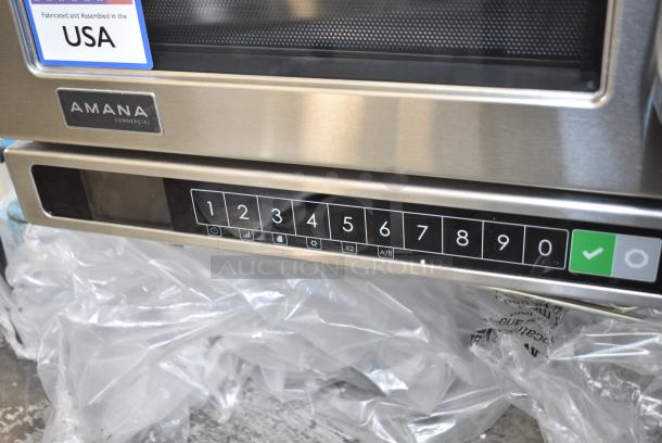 BRAND NEW SCRATCH AND DENT! 2023 Amana HDC18Y2 Heavy-Duty Stainless Steel Compact Commercial Microwave with Push Button Controls. 208/240 Volts, 1 Phase. - Image 4 of 7