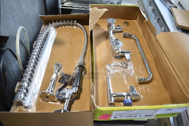 BRAND NEW SCRATCH AND DENT! Equip by T&S 5PR-8W12 Wall Mounted 35 3/4" High Pre-Rinse Faucet with 8" Adjustable Centers, 44" Hose, 12 1/8" Add-On Faucet, and 6" Wall Bracket - Image 1 of 5