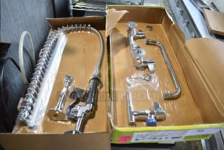 BRAND NEW SCRATCH AND DENT! Equip by T&S 5PR-8W12 Wall Mounted 35 3/4" High Pre-Rinse Faucet with 8" Adjustable Centers, 44" Hose, 12 1/8" Add-On Faucet, and 6" Wall Bracket