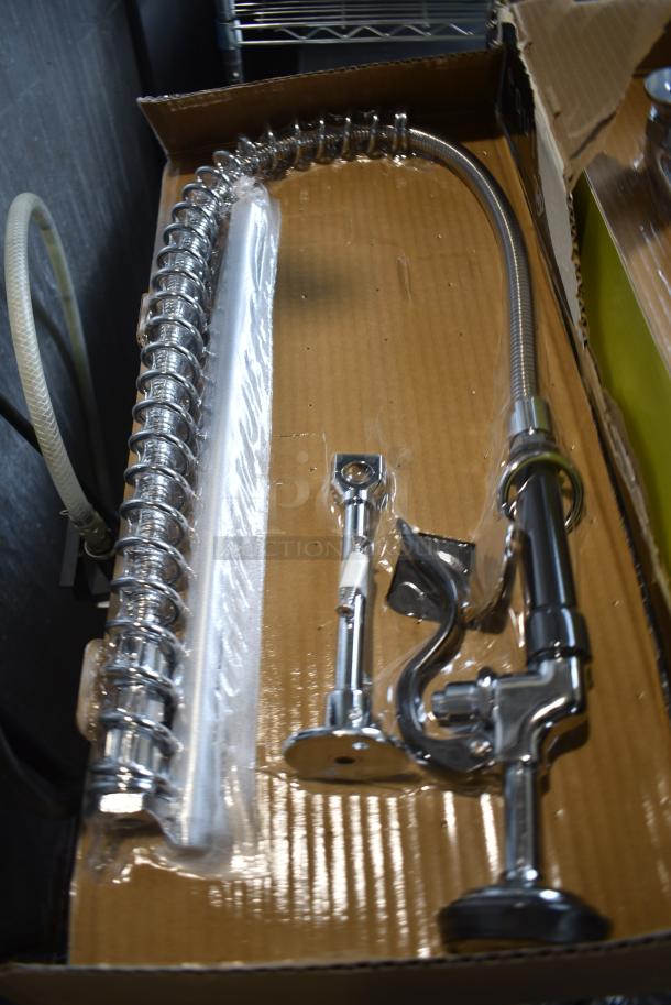 BRAND NEW SCRATCH AND DENT! Equip by T&S 5PR-8W12 Wall Mounted 35 3/4" High Pre-Rinse Faucet with 8" Adjustable Centers, 44" Hose, 12 1/8" Add-On Faucet, and 6" Wall Bracket - Image 4 of 5