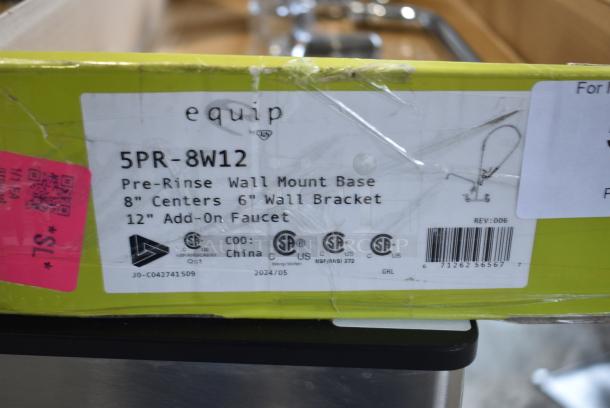 BRAND NEW SCRATCH AND DENT! Equip by T&S 5PR-8W12 Wall Mounted 35 3/4" High Pre-Rinse Faucet with 8" Adjustable Centers, 44" Hose, 12 1/8" Add-On Faucet, and 6" Wall Bracket - Image 5 of 5